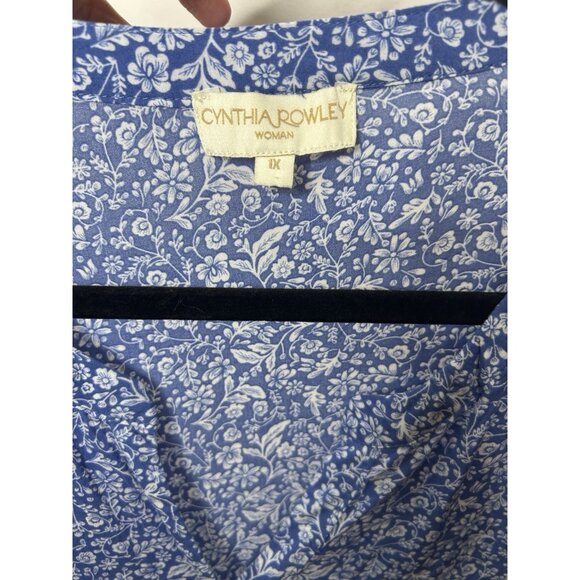 Cynthia Rowley Floral Blouse Button Down 3/4 Sleeve Top Blue White Plus Size 1X - Picture 8 of 8